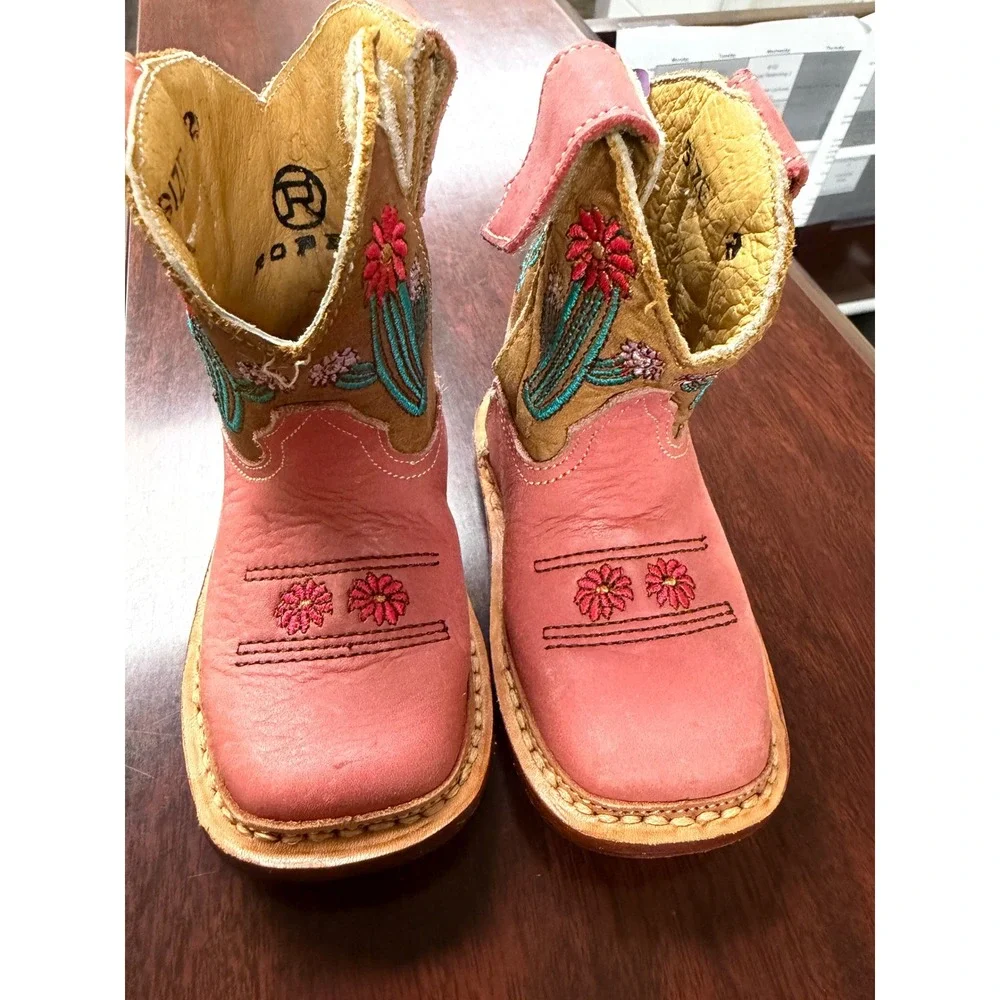 Roper Cowbabies Pink Leather Cactus Floral Embroidered Western Boots Size 2